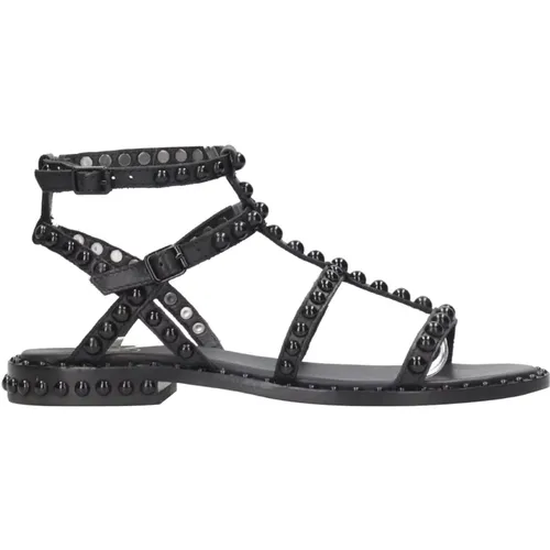 Schwarze Studded Leder Flache Sandalen , Damen, Größe: 39 EU - Ash - Modalova