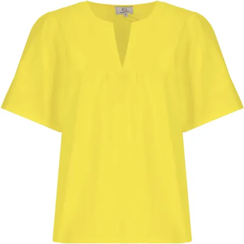 Gelbe Baumwollbluse V-Ausschnitt Kurze Ärmel , Damen, Größe: S - Woolrich - Modalova