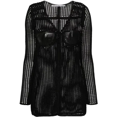 Schwarzer Strick V-Ausschnitt Leder Bustier Pullover , Damen, Größe: M - alexander wang - Modalova