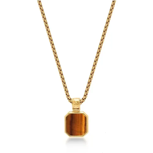 Gold Necklace with Square Brown Tiger Eye Pendant , Herren, Größe: M - Nialaya - Modalova