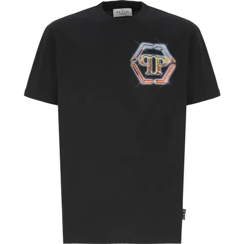 Schwarzes Strass-Logo Crewneck T-Shirt , Herren, Größe: L - Philipp Plein - Modalova