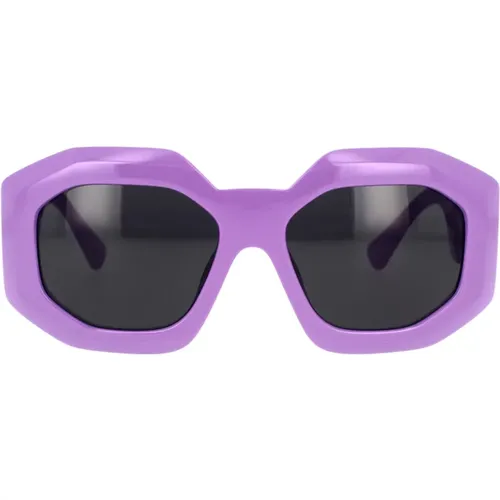 Women Irregular Shape Sunglasses in Dark Grey with Lilac Frame , unisex, Sizes: 56 MM - Versace - Modalova