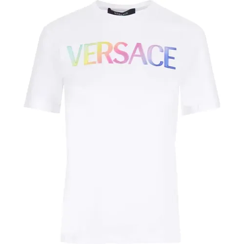 Weißes Baumwoll-Logo-T-Shirt , Damen, Größe: XS - Versace - Modalova
