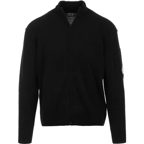 Schwarzer Lambswool Reißverschluss-Cardigan Pullover , Herren, Größe: L - C.P. Company - Modalova