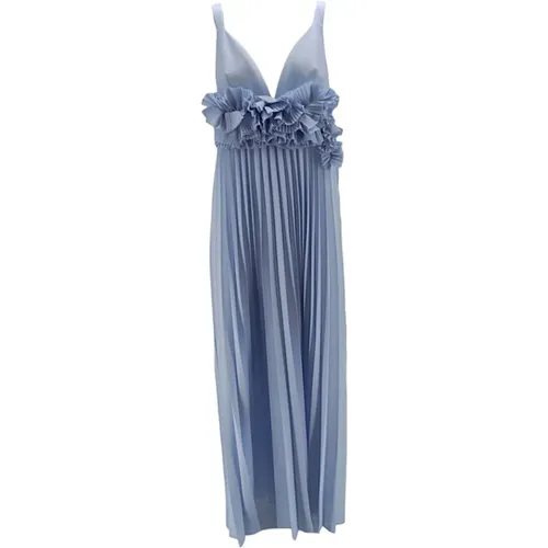 Langes Blaues Plissiertes Kleid mit Blumenapplikationen - P.a.r.o.s.h. - Modalova