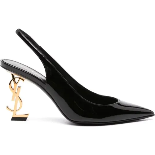 Schwarze Lack-Slingback-Pumps mit Gold-Logo - Saint Laurent - Modalova