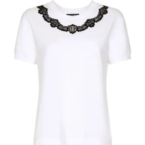 Lace Trim T-Shirt , female, Sizes: 2XS - Dolce & Gabbana - Modalova