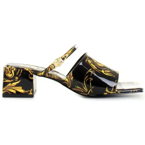 Schwarze Damensandalen mit Barockmuster und metallischen goldfarbenen Details , Damen, Größe: 36 EU - Versace Jeans Couture - Modalova