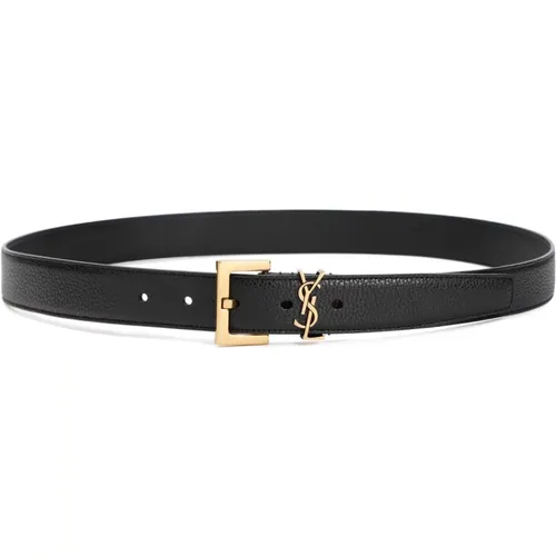 Grained Leather Belt with Gold-Tone Hardware , male, Sizes: 100 CM - Saint Laurent - Modalova