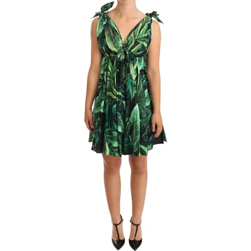 Grünes Blätter Print Flared Mini Kleid , Damen, Größe: S - Dolce & Gabbana - Modalova