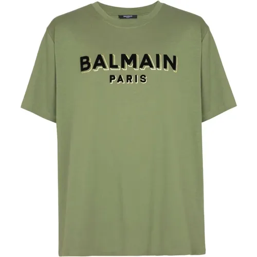 Grünes Flocked Logo Crew Neck T-shirt,T-Shirt mit beflocktem Paris - Balmain - Modalova