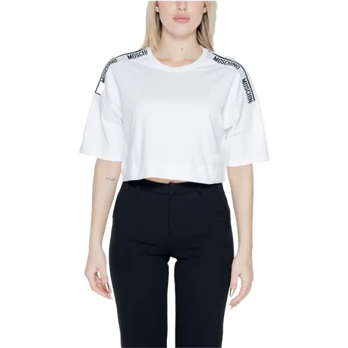 Weißes Bedrucktes T-Shirt mit Kurzen Ärmeln , Damen, Größe: L - Moschino - Modalova