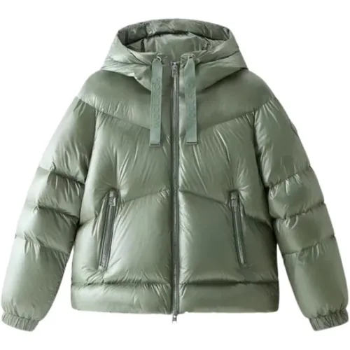Grey Down-Filled Coats with Water-Repellent Nylon , female, Sizes: S, M - Woolrich - Modalova