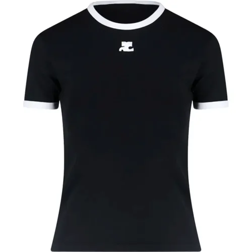 Schwarzes T-Shirt mit Logo-Stickerei - Courrèges - Modalova