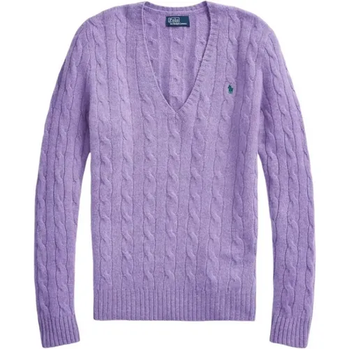 Lila Pullover mit V-Ausschnitt und Zopfmuster , Damen, Größe: L - Ralph Lauren - Modalova