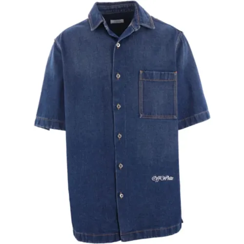 Denim Bowling Shirt mit Logo-Stickerei , Herren, Größe: L - Off White - Modalova