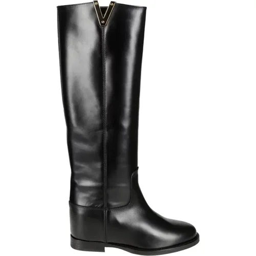 Leather Wedge Boots with Gold V Detail , female, Sizes: 8 UK, 4 UK, 7 UK, 6 1/2 UK, 5 1/2 UK, 5 UK, 4 1/2 UK, 6 UK, 3 UK - Via Roma 15 - Modalova