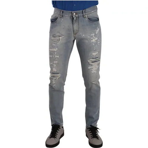 Hellblaue Zerrissene Baumwoll Regular Denim Jeans , Herren, Größe: M - Dolce & Gabbana - Modalova