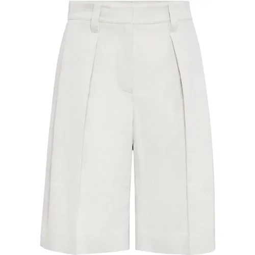 Weiße Gabardine Shorts mit Monili Ketten-Detail,Weiße Baumwoll- und Leinenshorts - BRUNELLO CUCINELLI - Modalova