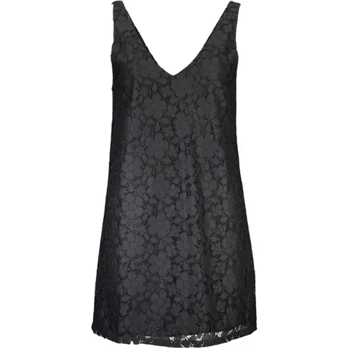 Schwarzes Viskosekleid, V-Ausschnitt, Kontrastdetails , Damen, Größe: L - Desigual - Modalova