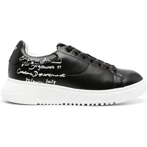 Calligraphy Print Leather Sneakers , female, Sizes: 6 UK, 5 UK, 8 UK, 7 UK - Emporio Armani - Modalova