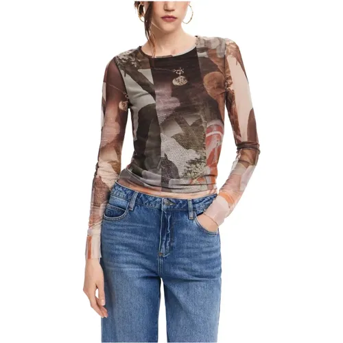 Braun Bedrucktes Langarm T-shirt , Damen, Größe: XL - Desigual - Modalova