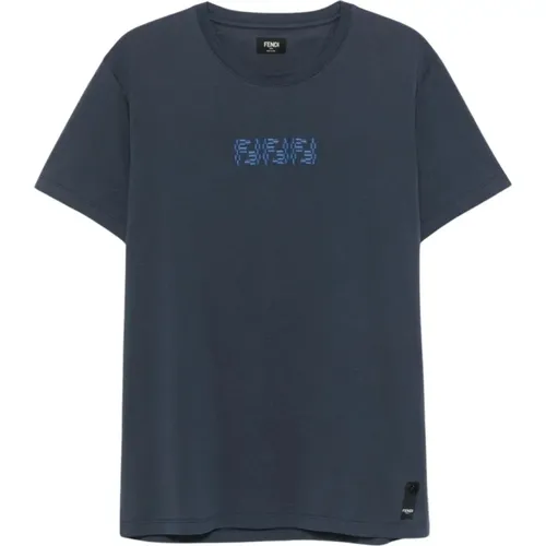 Blau Jersey Crew Neck Besticktes T-Shirt , Herren, Größe: M - Fendi - Modalova