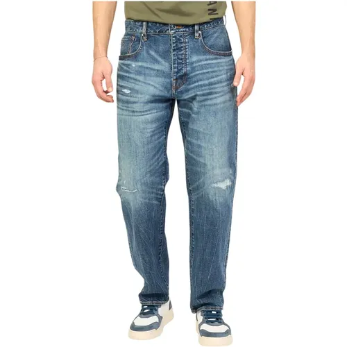 Blaue Denim Relaxed Fit Jeans mit Abrieb , Herren, Größe: W30 - Armani Exchange - Modalova