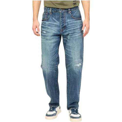 Blaue Denim Relaxed Fit Jeans mit Abrieb , Herren, Größe: W31 - Armani Exchange - Modalova