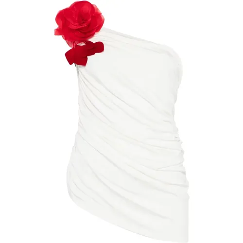 Weiße Drapierte One-Shoulder Bluse mit Roter Rosenverzierung - Magda Butrym - Modalova