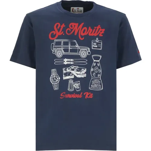 Blaues Baumwoll-T-Shirt mit St.Moritz-Druck , Herren, Größe: S - Saint Barth - Modalova