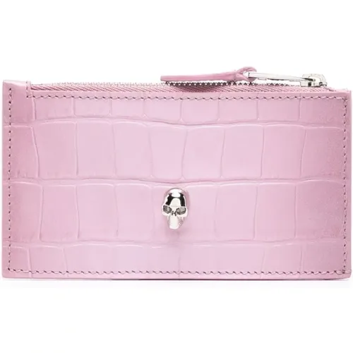 Flamingo Crocodile Leather Wallet with Skull Charm , female, Sizes: ONE SIZE - alexander mcqueen - Modalova