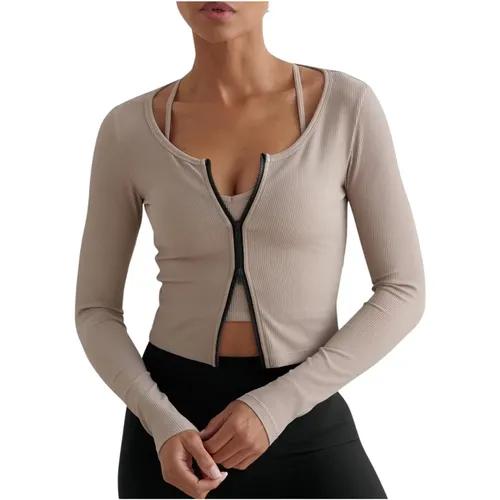 Seidiger Gerippter Cardigan mit Zwei-Wege-Reißverschluss , Damen, Größe: XL - Aim'n - Modalova