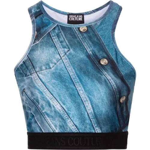 Klares blaues Top mit Lycra Print Patch Denim - Versace Jeans Couture - Modalova