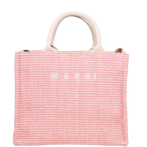 Rosa Handtasche mit Raffia-Effekt Stoff und Baumwollgriffen - Marni - Modalova