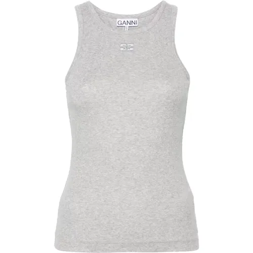 Graues ärmelloses T-Shirt aus Stretch-Baumwolle , Damen, Größe: S - Ganni - Modalova