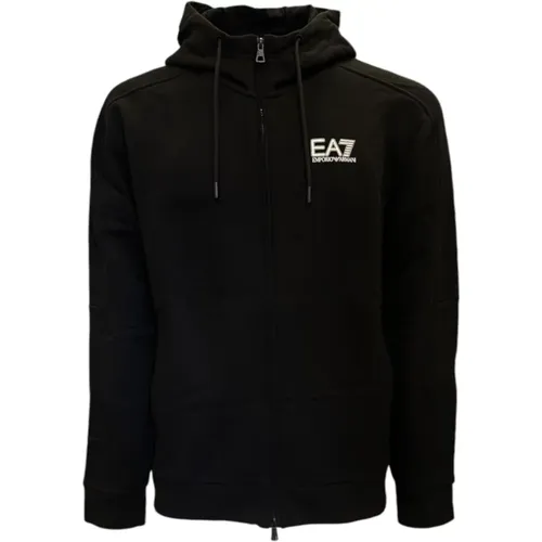 Schwarzer Baumwoll-Hoodie Voll Reißverschluss Logo , Herren, Größe: S - Emporio Armani EA7 - Modalova