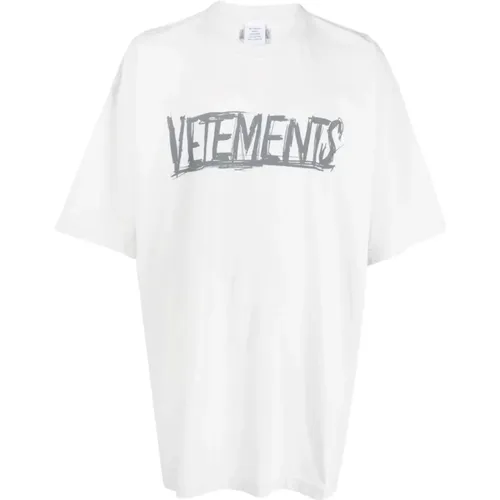 Graues T-Shirt mit Logo-Print und Grafik auf der Rückseite , Herren, Größe: L - Vetements - Modalova
