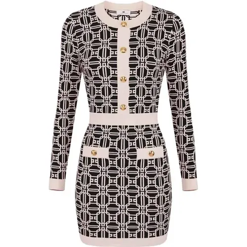 Jacquard Logo Dress, Long Sleeve Round Neck , female, Sizes: S, M, L, XL - Elisabetta Franchi - Modalova