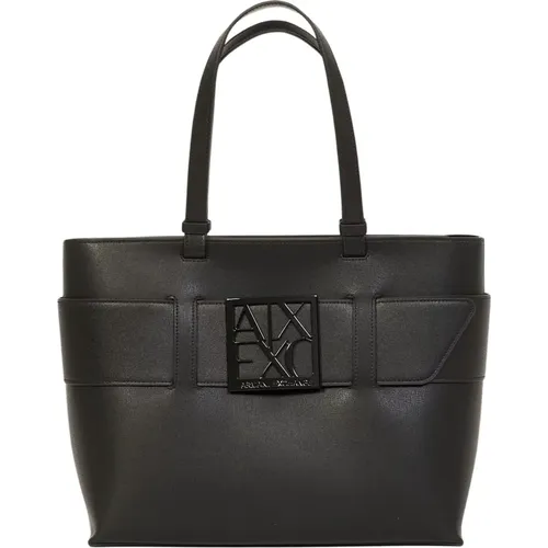 Schwarze Einkaufstasche mit Logo Reißverschluss , Damen, Größe: ONE Size - Armani Exchange - Modalova