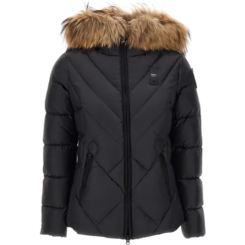 Women`s Down Jacket with Raccoon Fur Hood , female, Sizes: L, 2XL, S - Blauer - Modalova