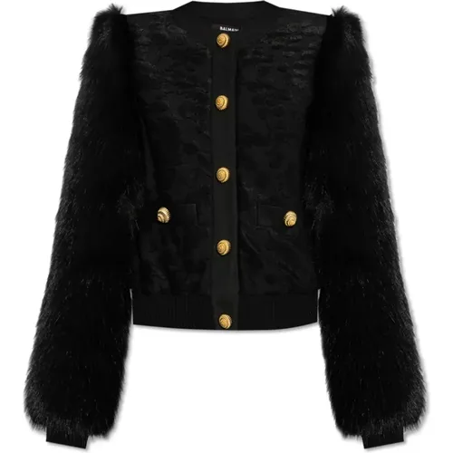 Jacket with sleeves finished with faux fur , female, Sizes: S - Balmain - Modalova