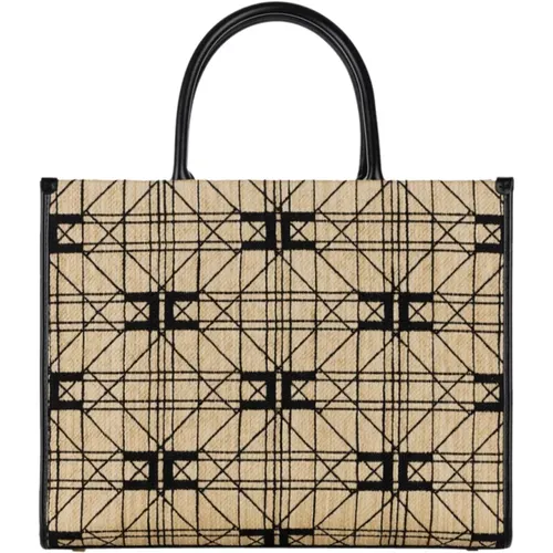 Straw/Black Synthetic Shopper Bag , female, Sizes: ONE SIZE - Elisabetta Franchi - Modalova