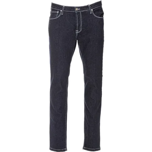 Dunkelblaue Jeans mit weißen Nähten und gesticktem Logo , Herren, Größe: W30 - Daniele Alessandrini - Modalova