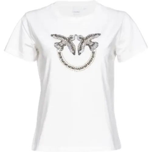 Love Birds besticktes weißes T-Shirt , Damen, Größe: L - pinko - Modalova