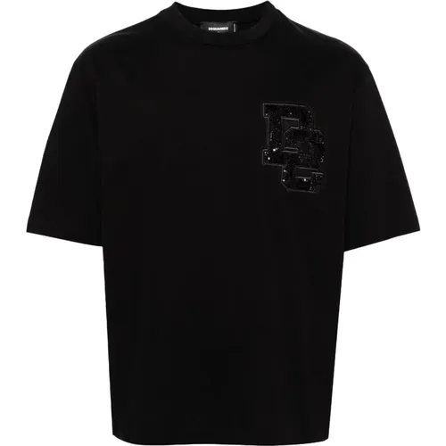 Pailletten Logo T-shirt Schwarz , Herren, Größe: XS - Dsquared2 - Modalova