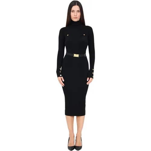 Schwarzes Geripptes Midi-Kleid Elegant Herbst Winter , Damen, Größe: L - Elisabetta Franchi - Modalova