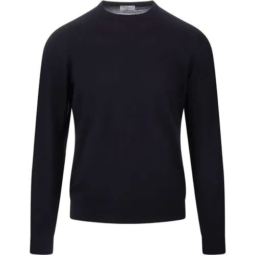 Navy Blue Wool Pullover Sweater - Fedeli - Modalova
