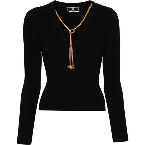 Schwarzer Pullover mit Goldkette , Damen, Größe: M - Elisabetta Franchi - Modalova