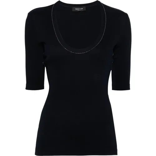 Ribbed Knit Beaded T-shirt , female, Sizes: XL, L - Fabiana Filippi - Modalova